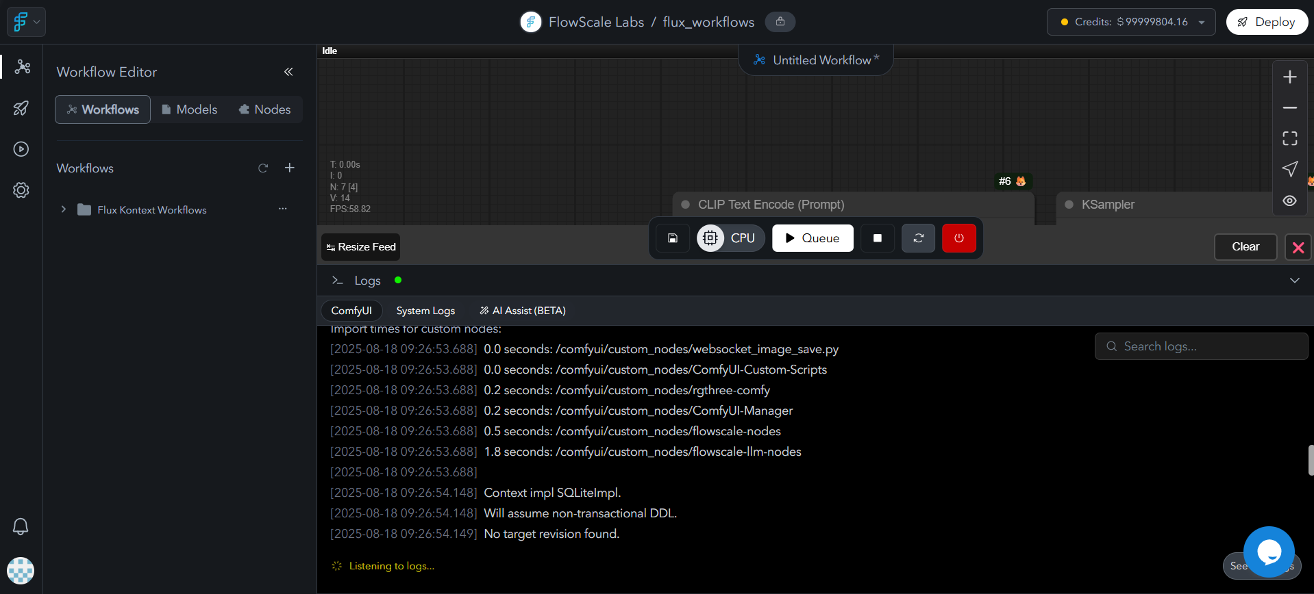 Console/terminal interface showing real-time startup logs with custom node installation progress, dependency resolution status, and system initialization messages. Includes timestamps and log level indicators