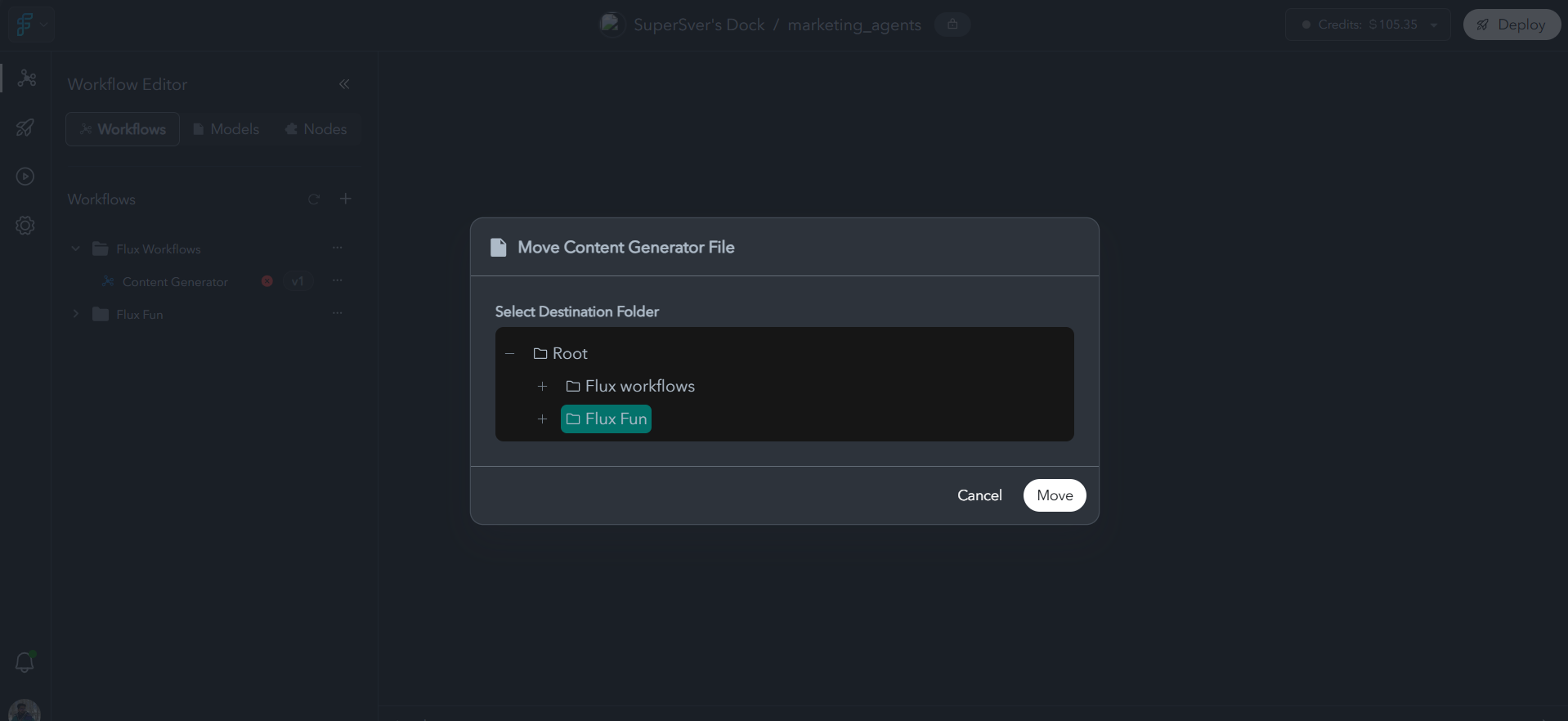 Move workflow modal interface showing folder selection