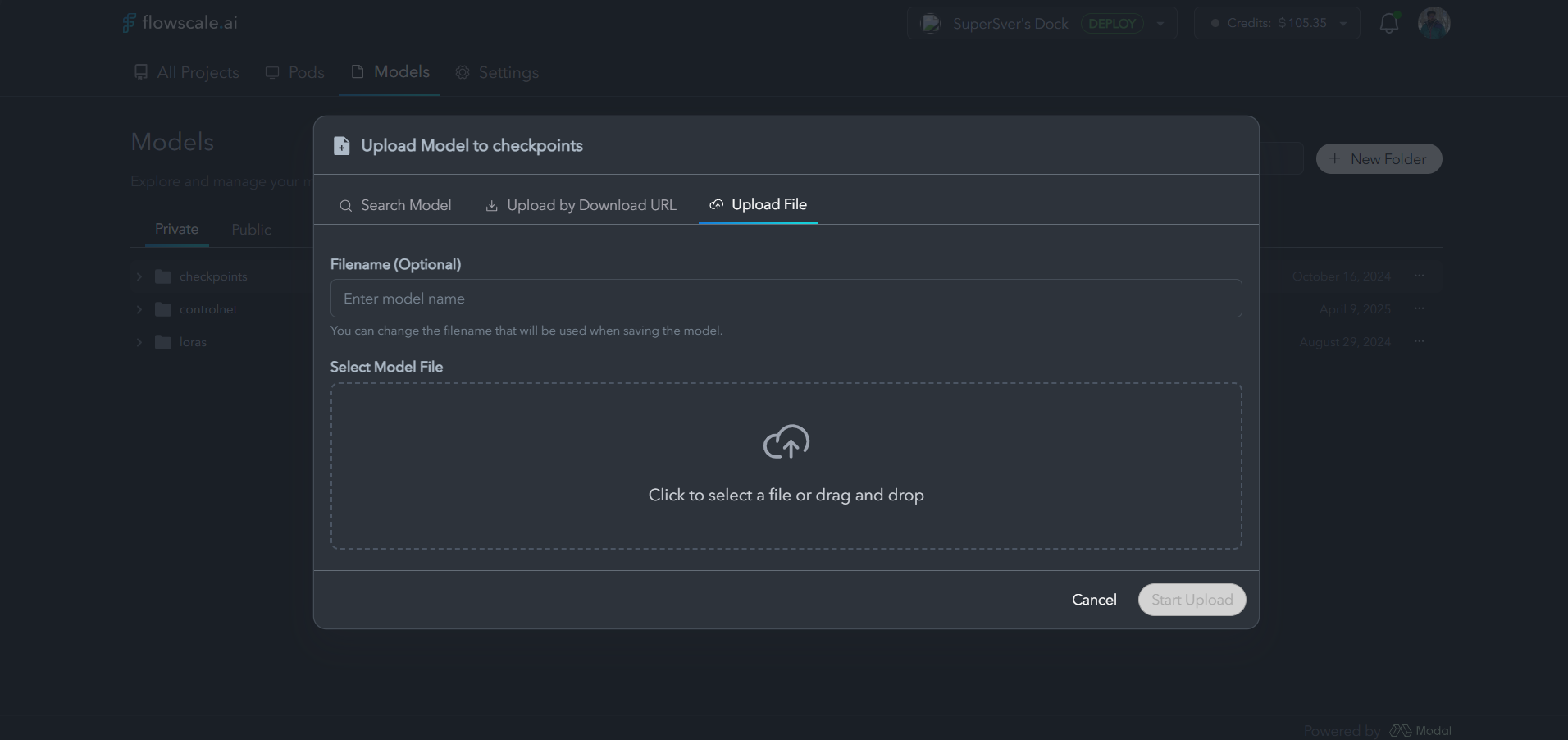 Model upload interface showing drag-and-drop functionality and upload options