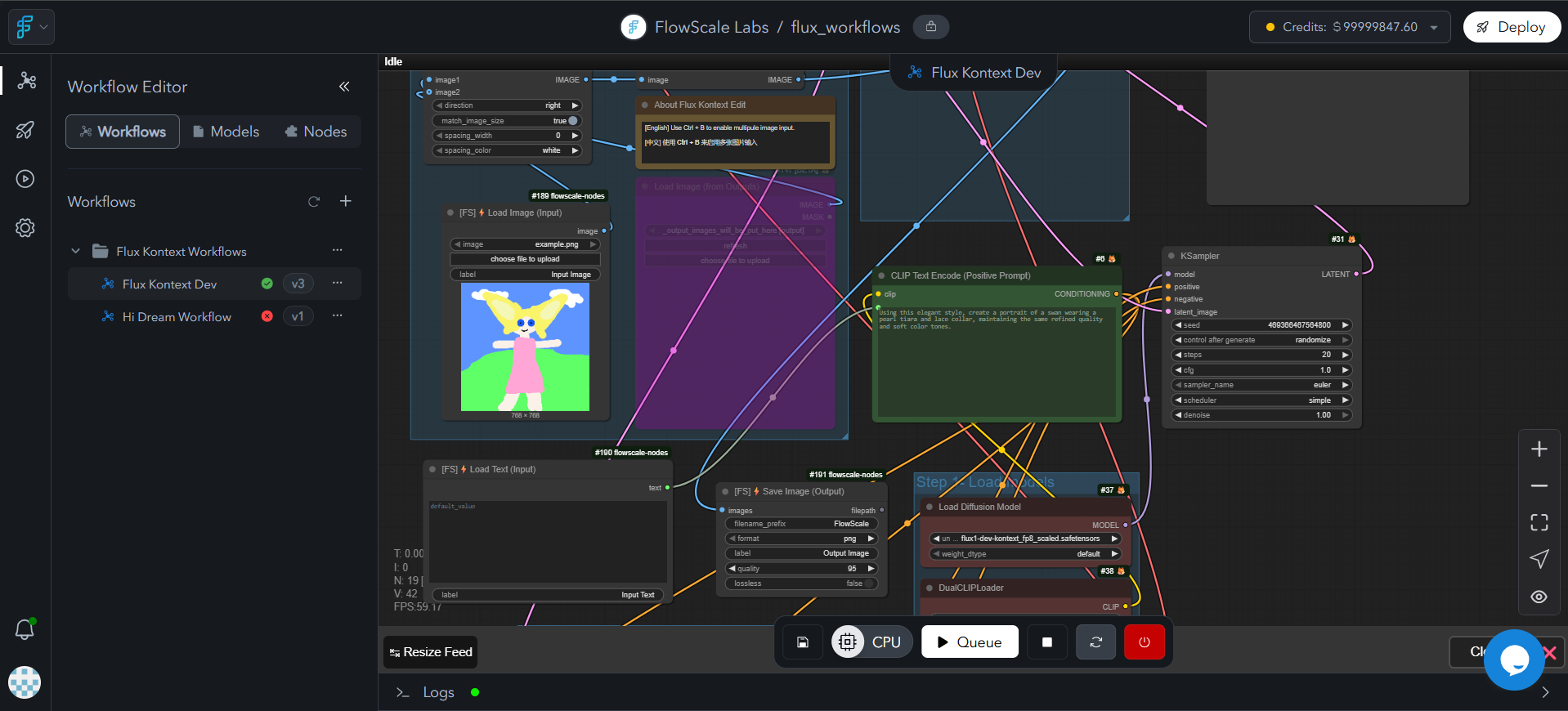 Detailed ComfyUI workspace view showing proper integration of FlowScale I/O nodes within a complex workflow, highlighting connection patterns and configuration options