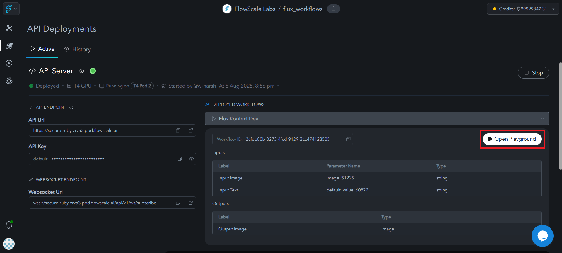 List view of deployed workflows with Open Playground buttons, status indicators, performance metrics, and management actions clearly visible