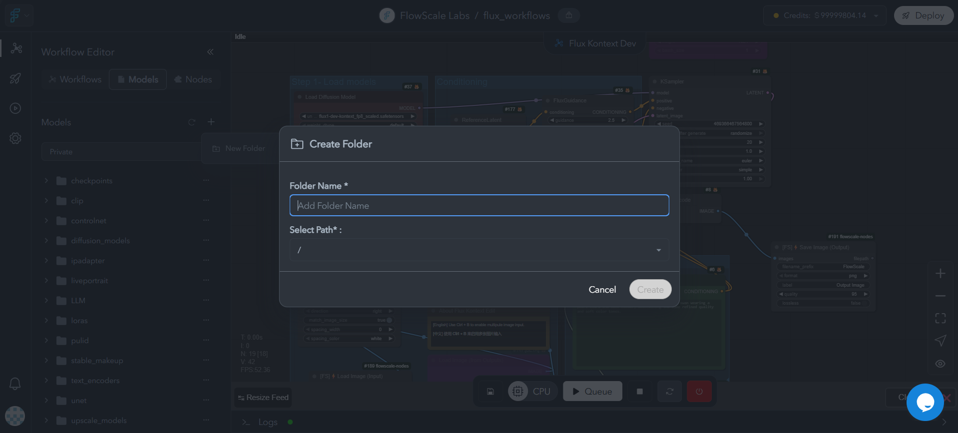 Modal dialog for creating new model folders with folder type selection (checkpoints, loras, vae, embeddings), naming conventions, and organizational structure options