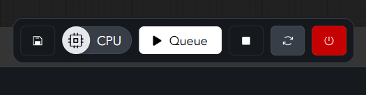 Detailed view of ComfyUI control bar showing all available actions, tools, and workspace controls with clear iconography and organization