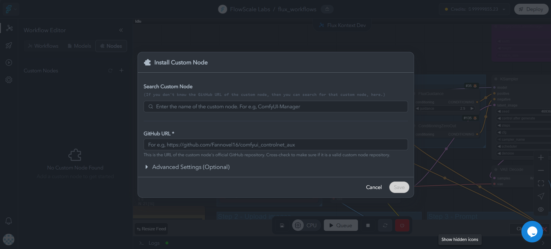 Interface for adding custom nodes showing node search, installation options, and dependency management tools