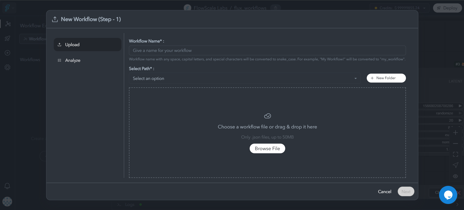 Workflow import dialog showing file selection, validation, and import configuration options with user guidance