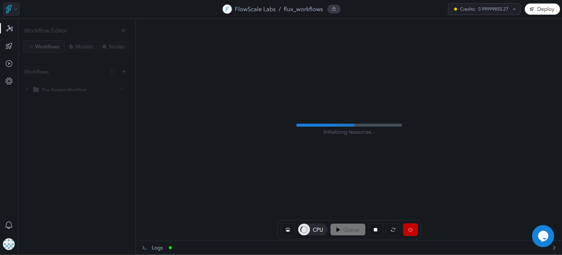 Initial startup dialog for ComfyUI workspace showing loading progress, initialization steps, and workspace preparation status
