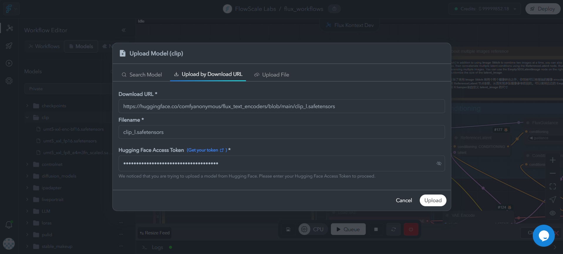 Configuration interface for external service API keys required for model downloads and integrations