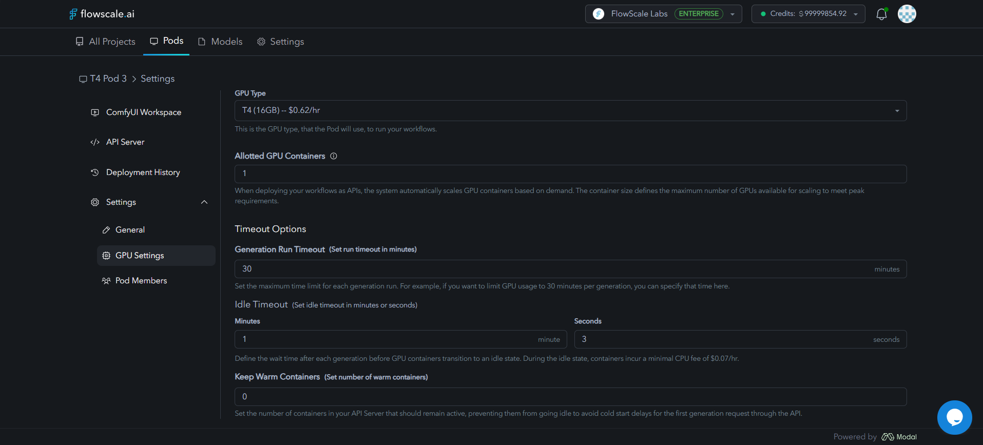 Detailed GPU configuration panel showing hardware specifications, availability status, and performance optimization options