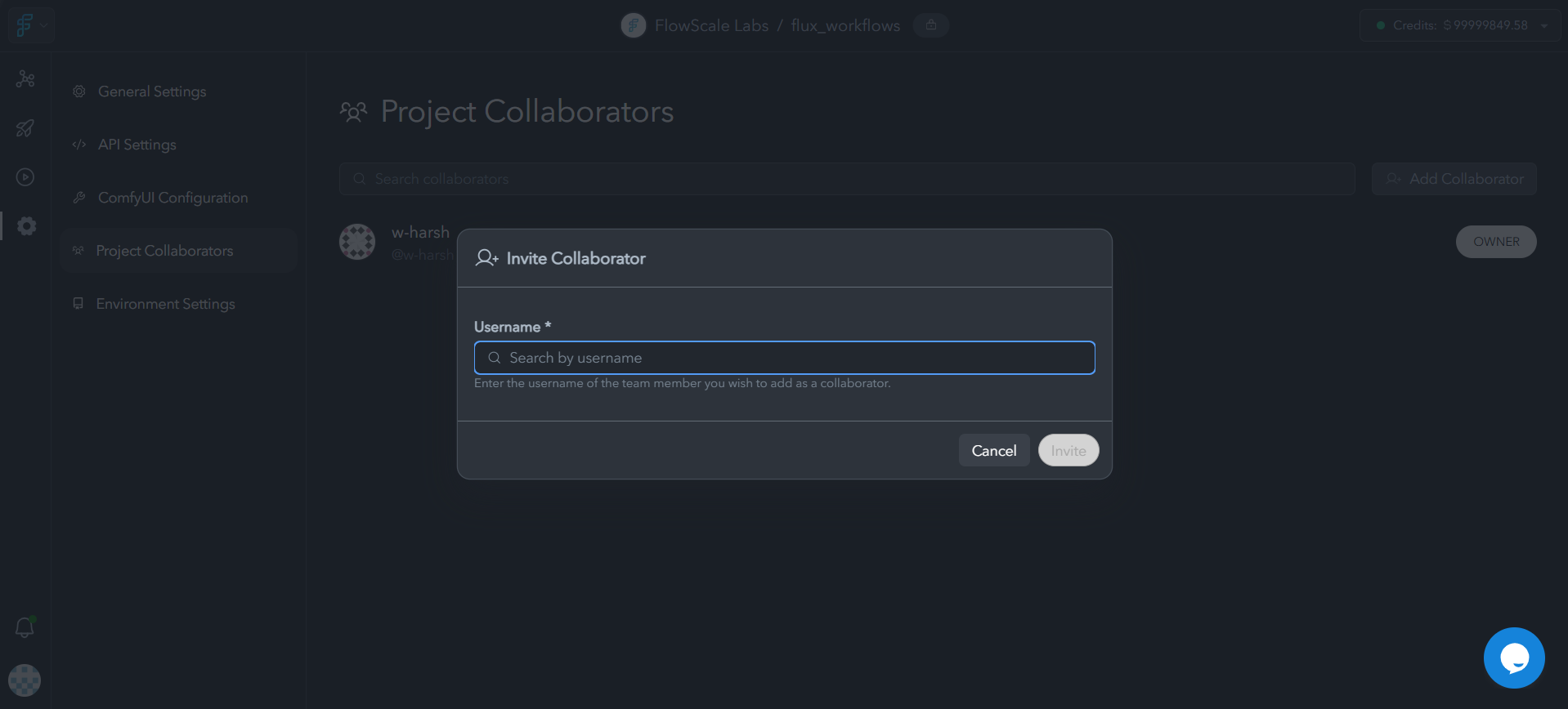 Project settings interface showing API key management, environment variables configuration, and team collaboration controls with role assignments and permissions