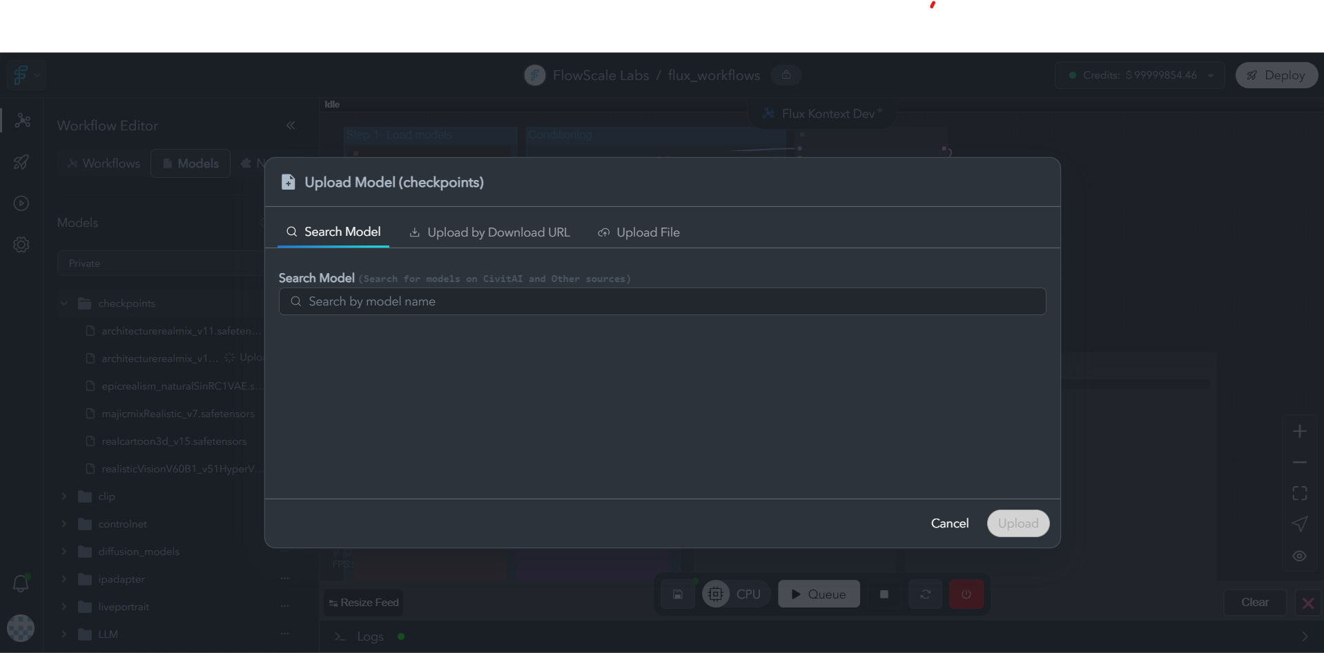 Model upload interface showing multiple upload methods - direct upload, URL import, and search functionality with clear options
