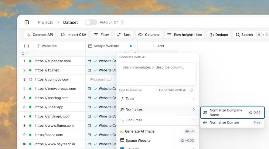 AI column configuration with model selection