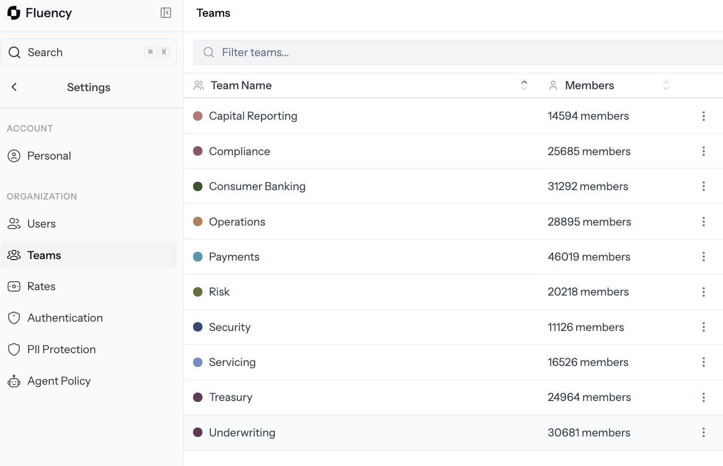 Settings Teams list showing team names, color dots, and member counts