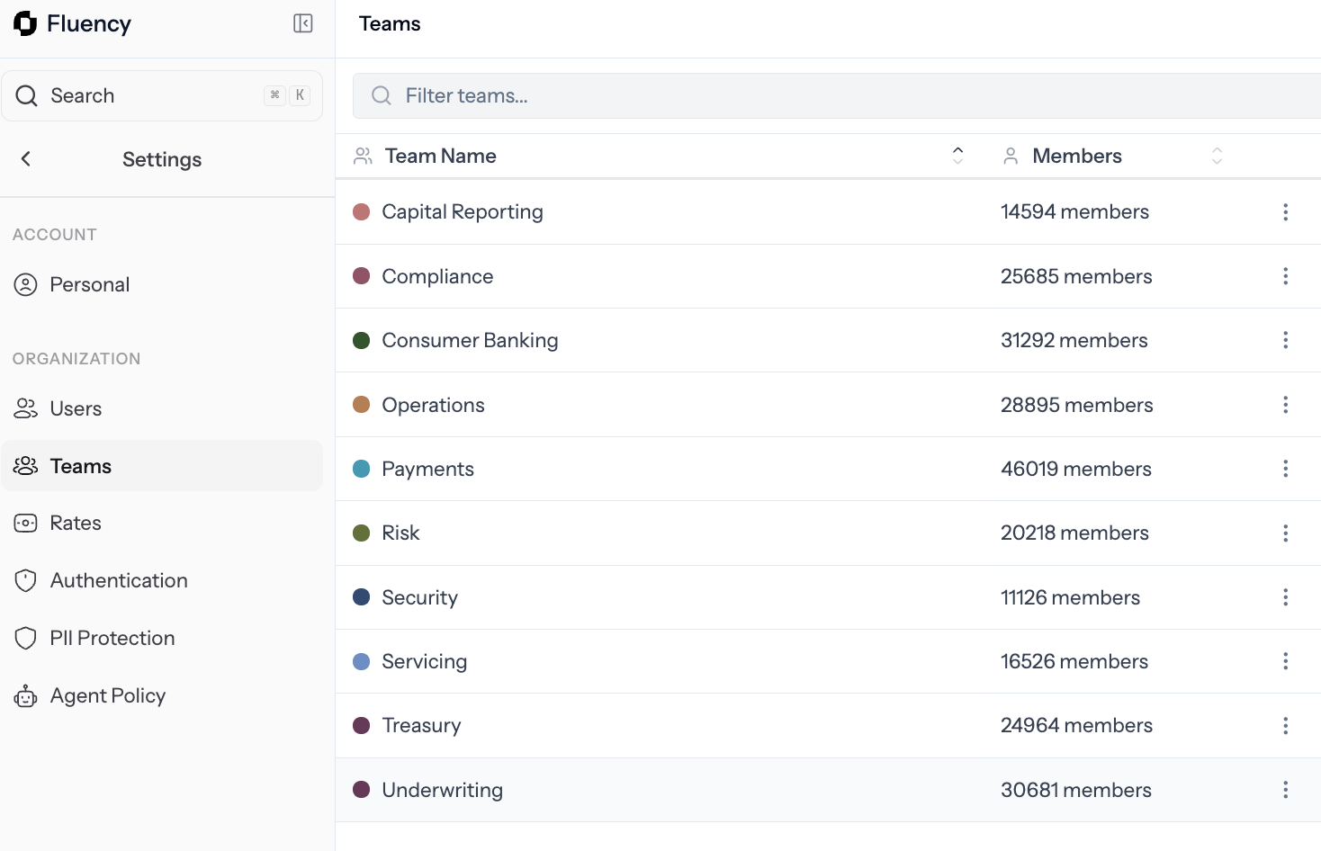 Settings Teams list showing team names, color dots, and member counts