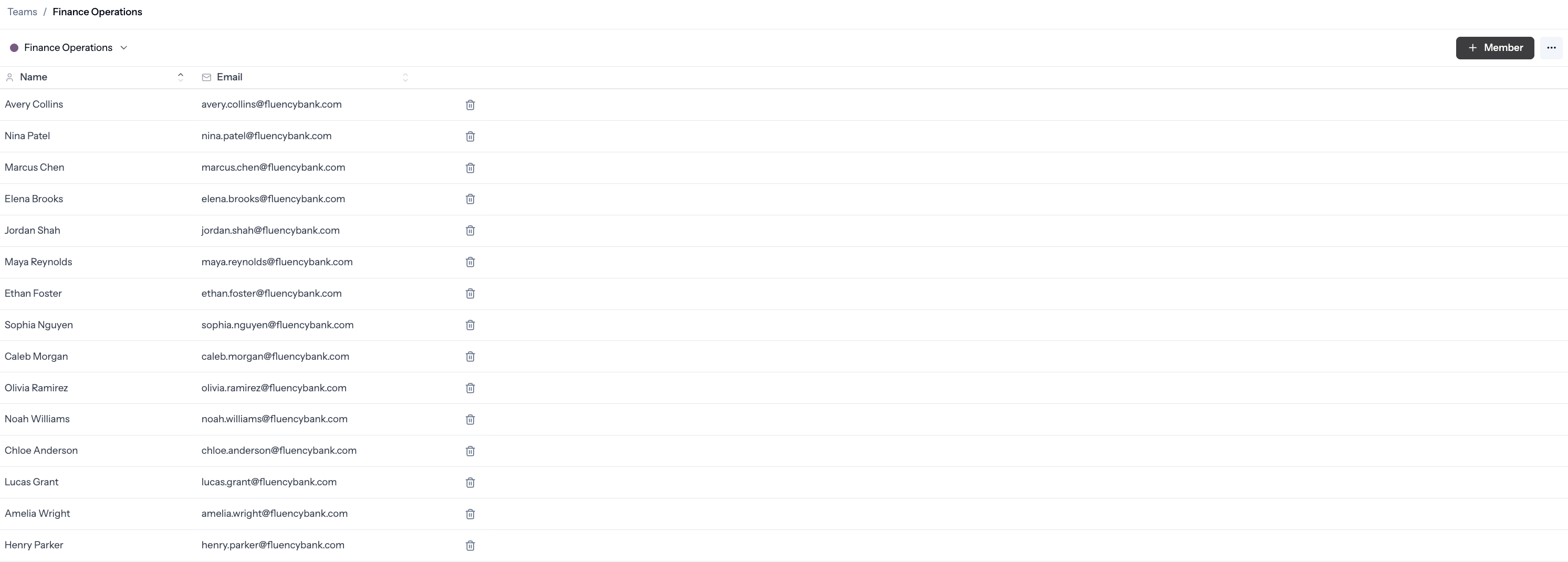 Team detail page showing the member list with names and emails