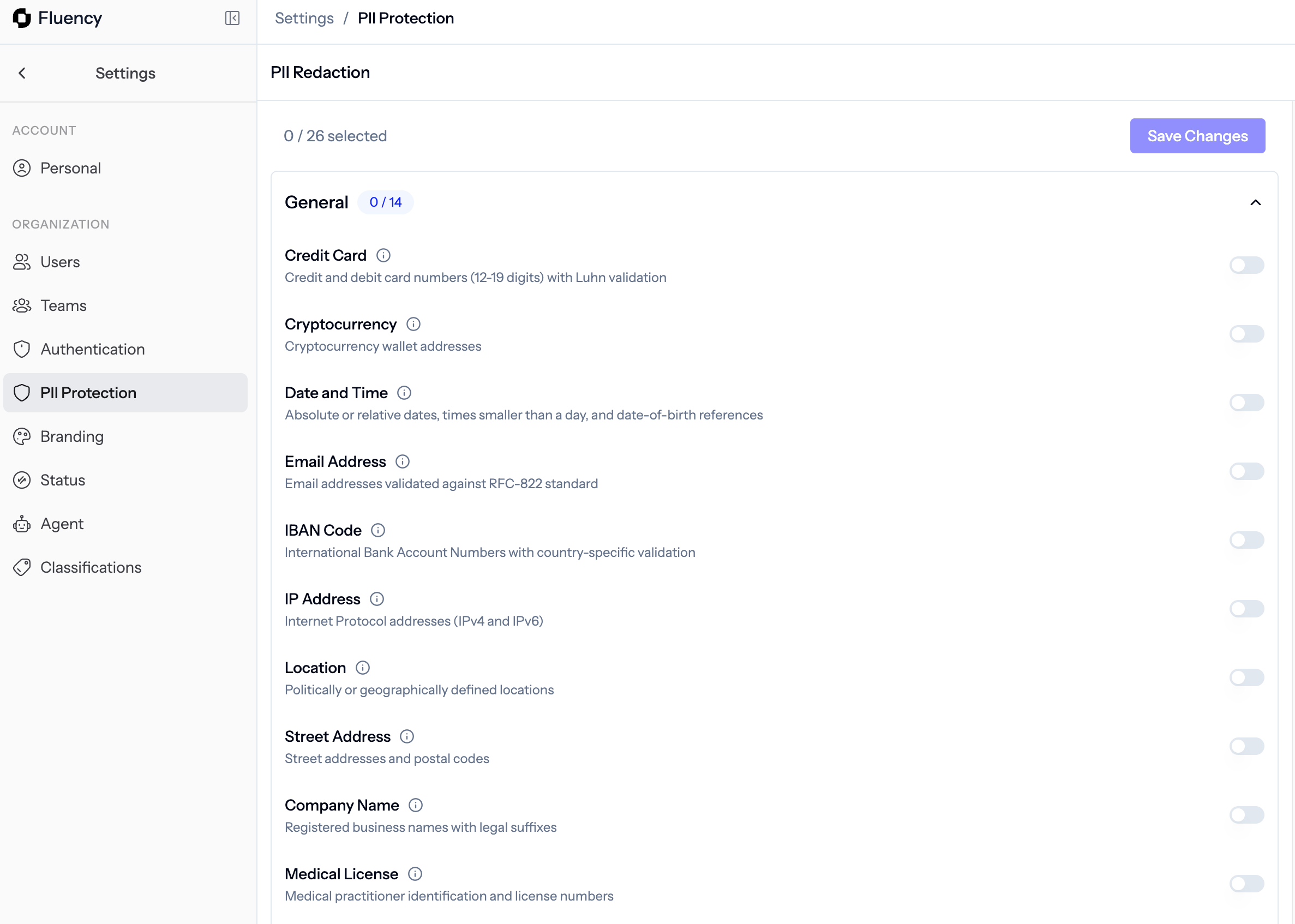 PII Protection settings in the Fluency portal showing General category toggles