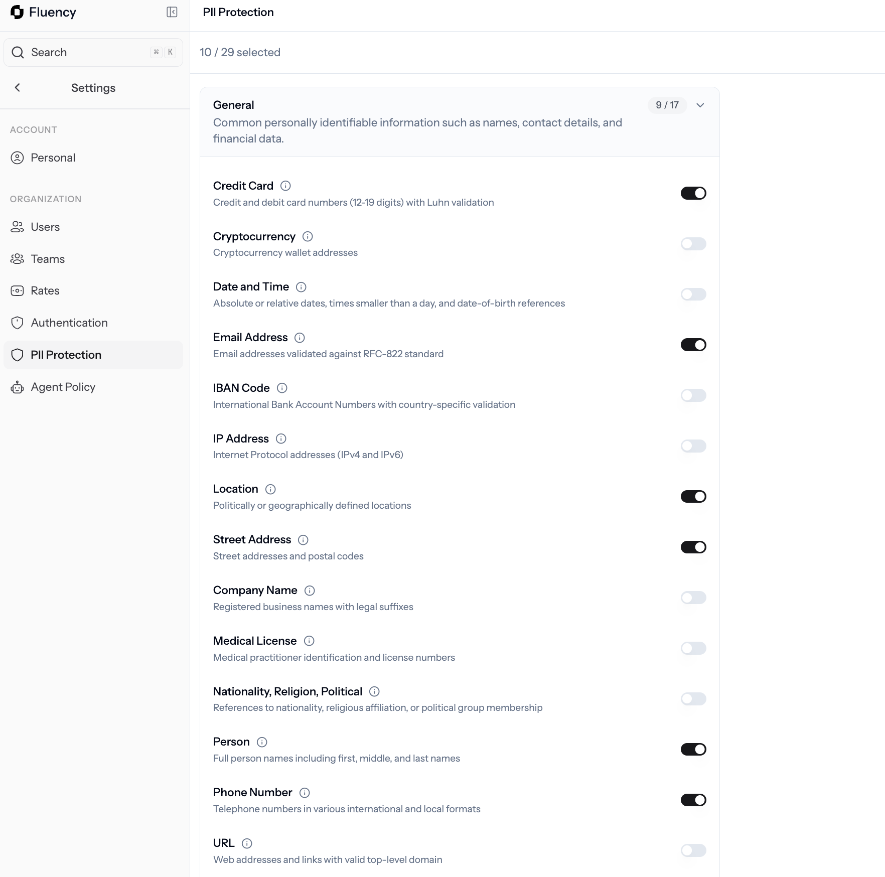 PII Protection settings with categories of PII detectors and individual toggles