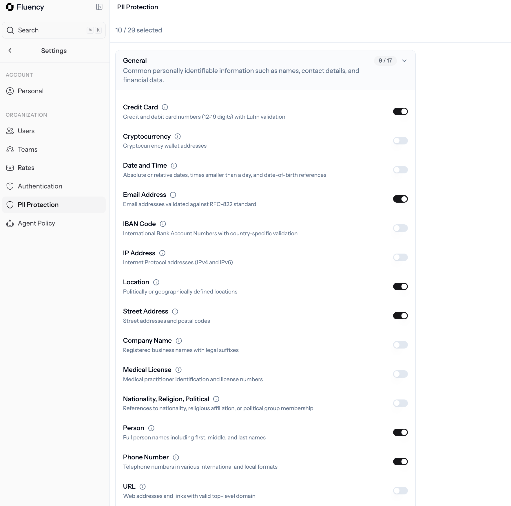 PII Protection settings with categories of PII detectors and individual toggles