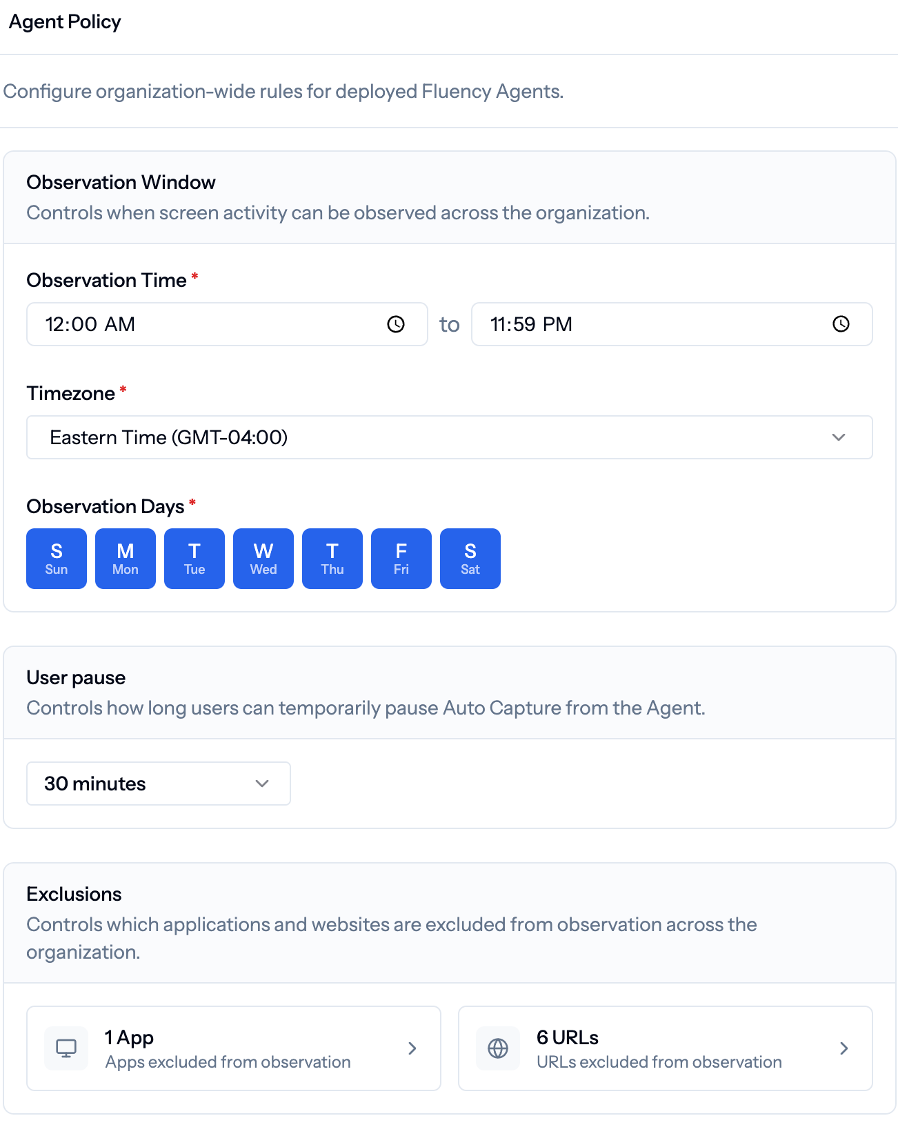 Observation Window settings with time range, timezone, and observation days selectors