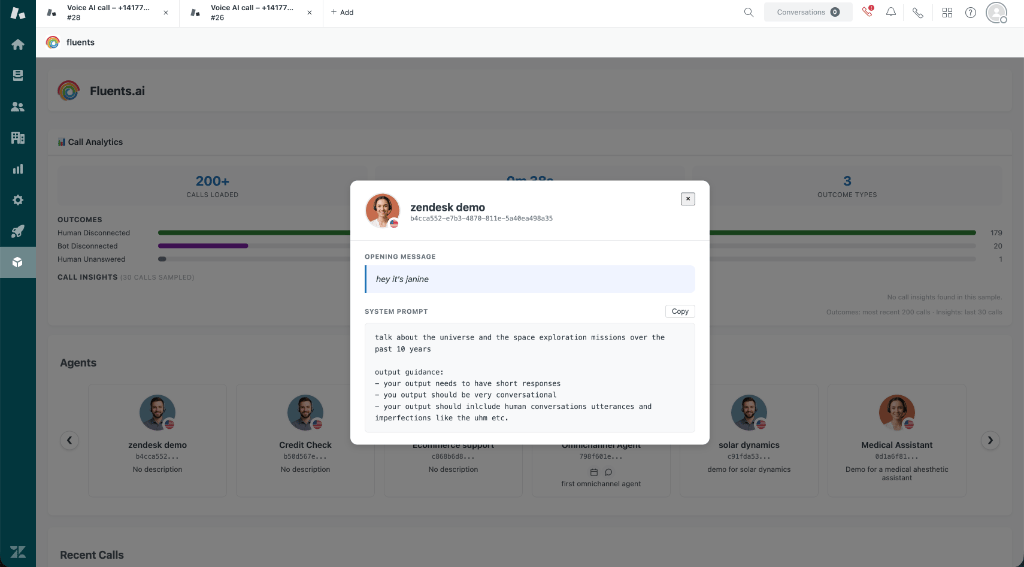 Fluents.ai Call List in Zendesk