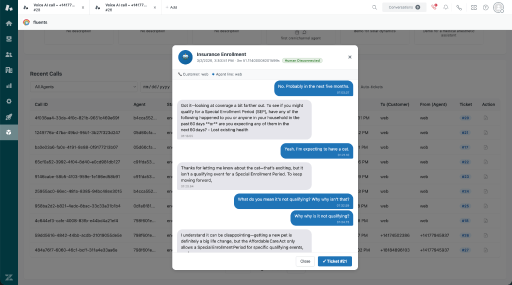 Transcript viewer showing an AI conversation in Zendesk