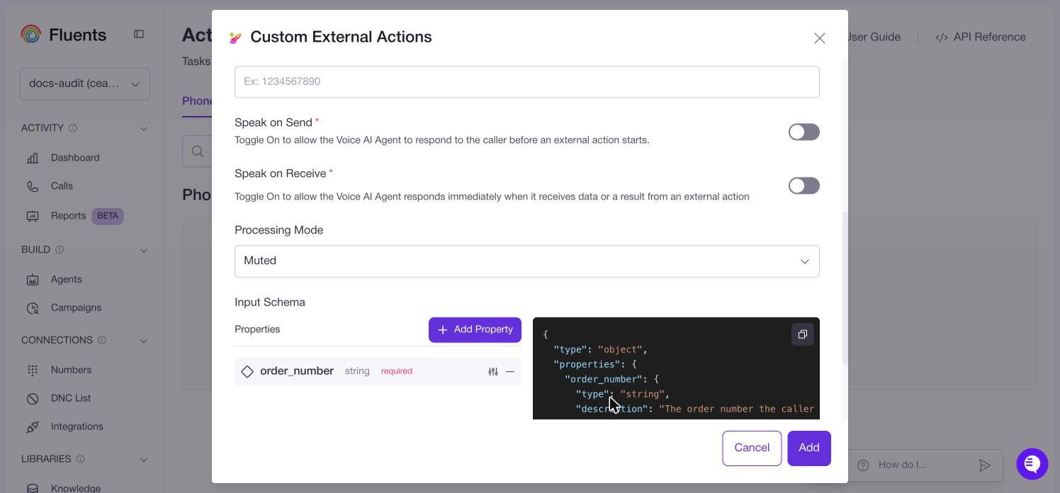 The Custom External Actions form showing Speak on Send and Speak on Receive as toggles, Processing Mode, and an input schema property with a live JSON preview