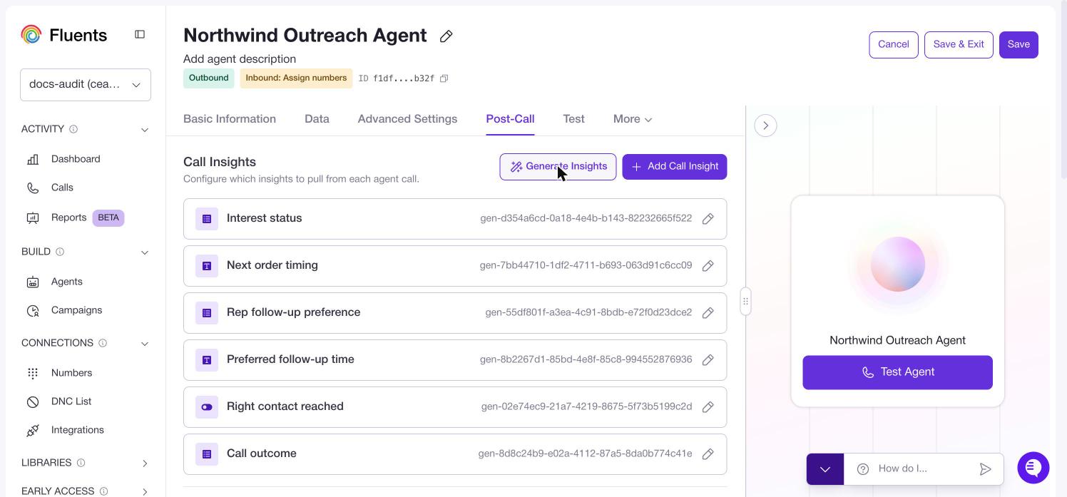 Six generated insights listed with their identifiers