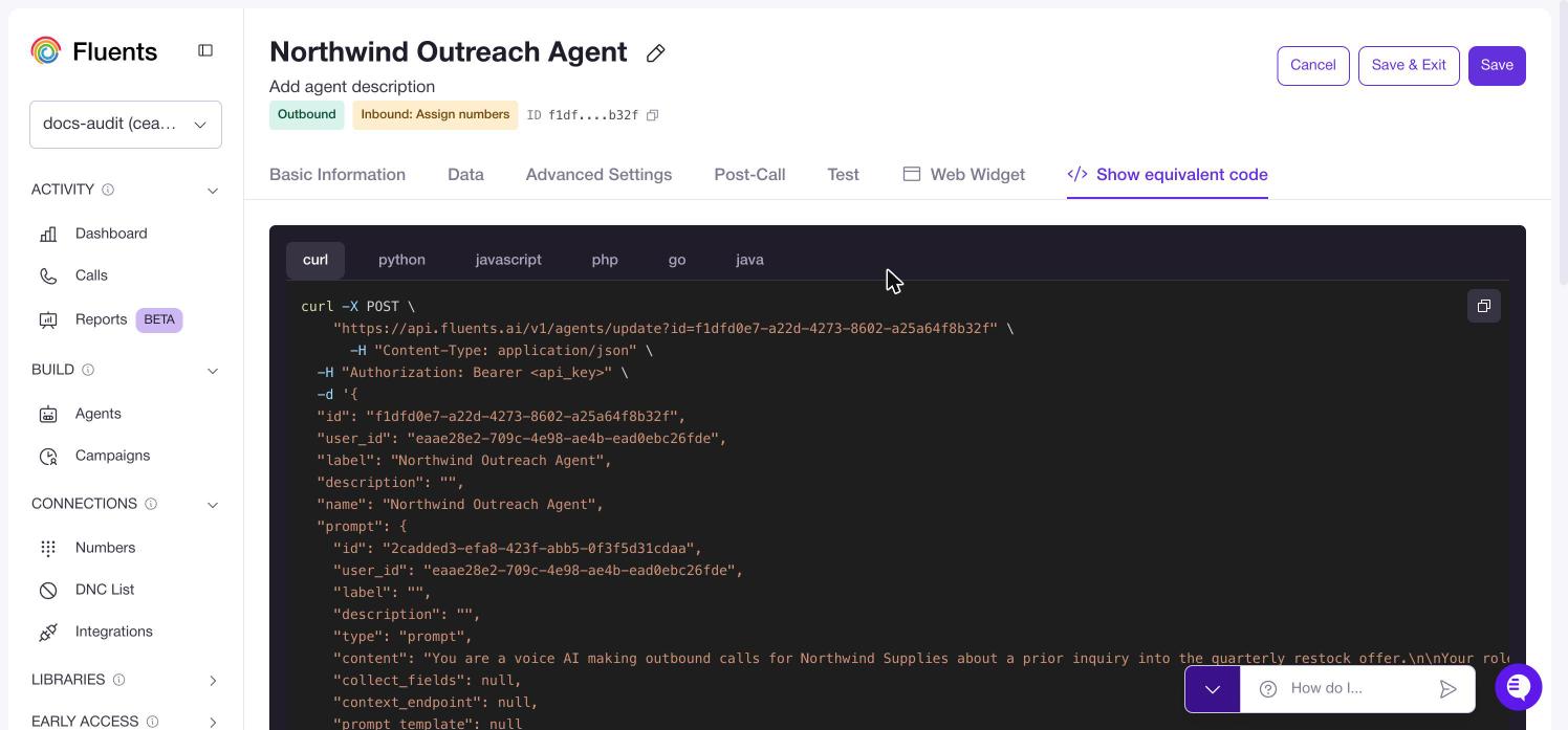 The equivalent code view, showing the API request for the current agent in several languages
