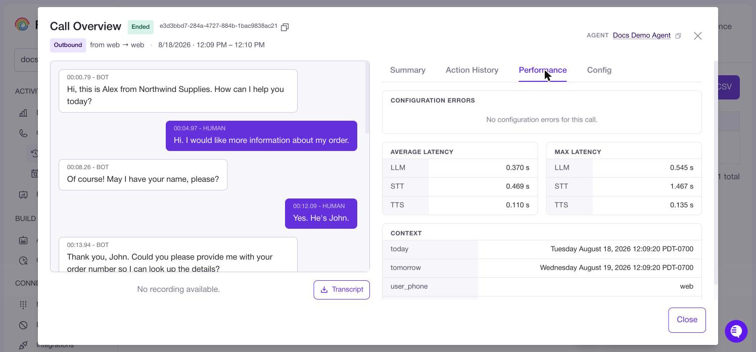 The Performance tab, showing average and maximum latency for the LLM, speech to text and text to speech providers, and the context the call started with