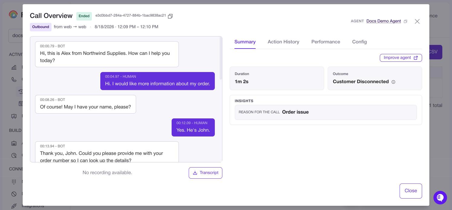 Call Overview showing the transcript on the left and the Summary tab on the right with duration, outcome and an extracted insight
