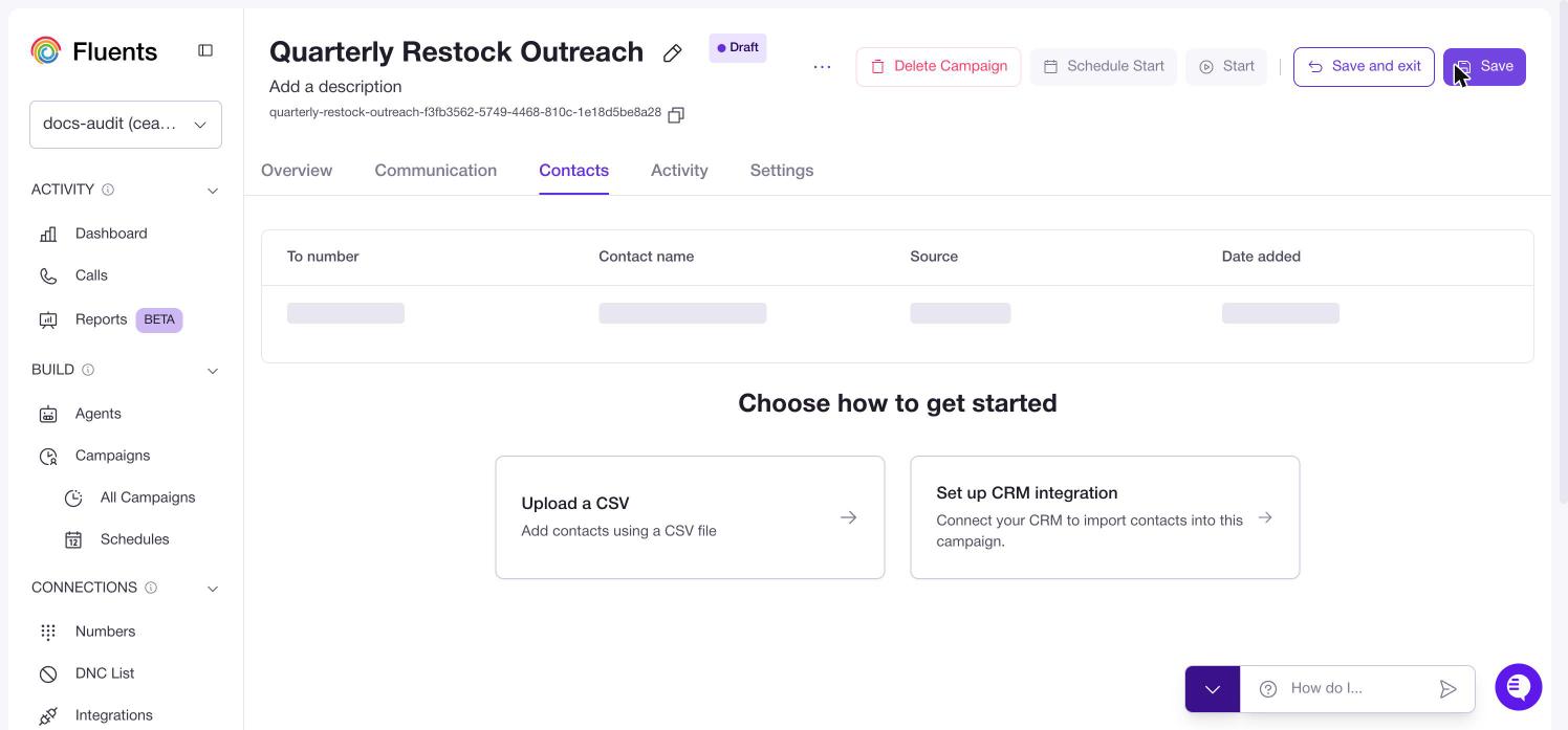 A newly created draft campaign on the Contacts tab, offering a CSV upload or a CRM integration