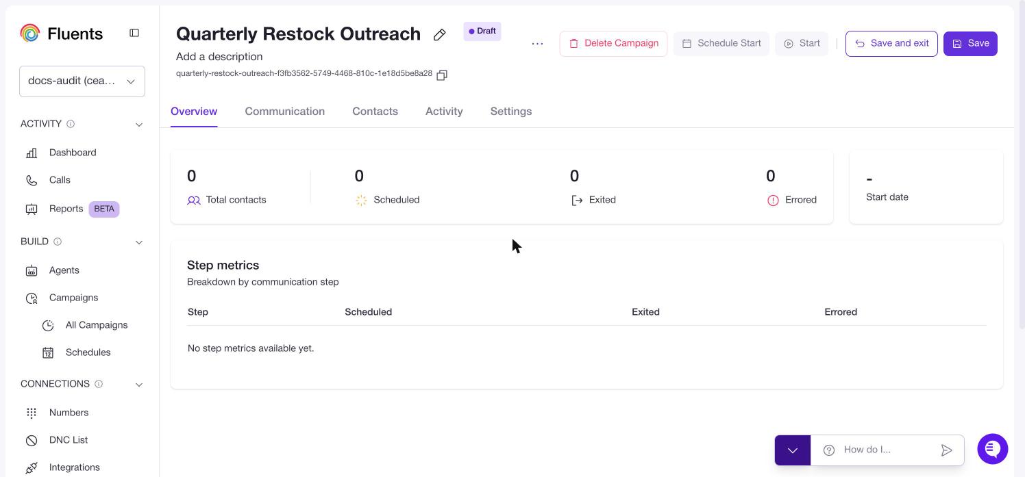 The campaign Overview tab, showing contact totals and a per step breakdown