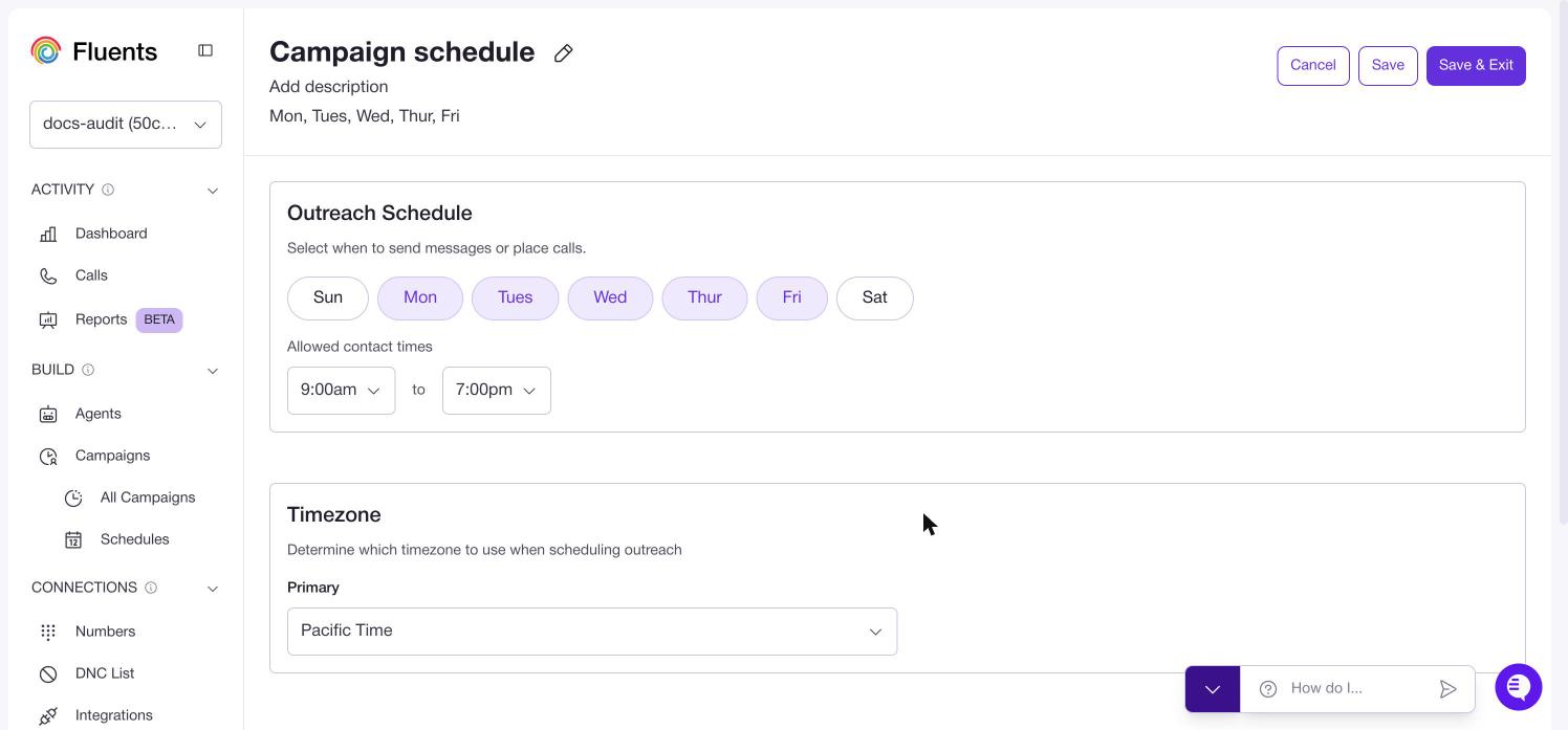 The campaign schedule editor, showing the day selector, the allowed contact times, and the timezone