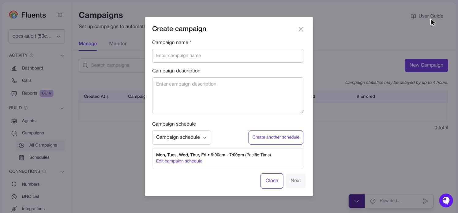 The Create campaign dialog with a name and a selected schedule showing its days, hours and timezone