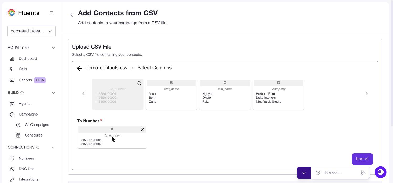 The column mapping step, with a CSV column dragged onto the To Number field