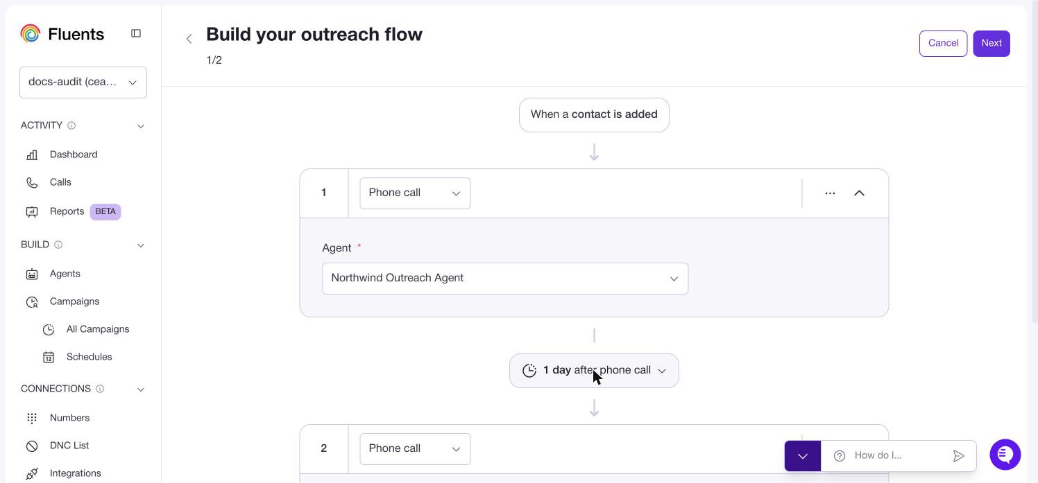 The outreach flow, showing a phone call step, a one day delay, and a second step