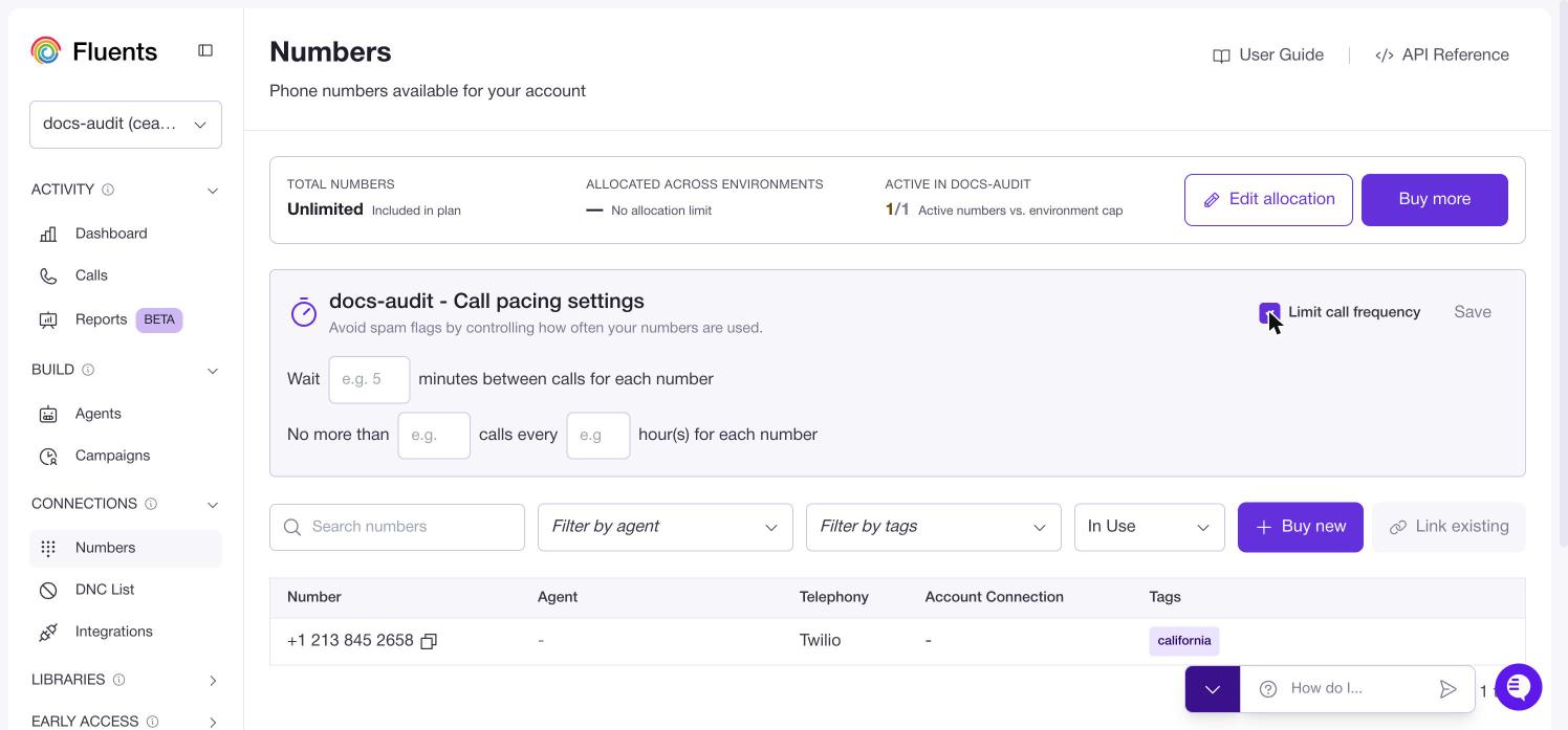 Call pacing settings, with Limit call frequency ticked and fields for minutes between calls and calls per hour for each number