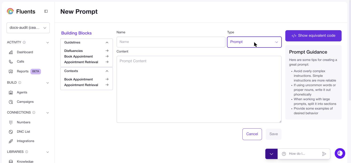 The New Prompt editor, with the Building Blocks panel on the left, Name, Type and Content in the middle, and Prompt Guidance on the right