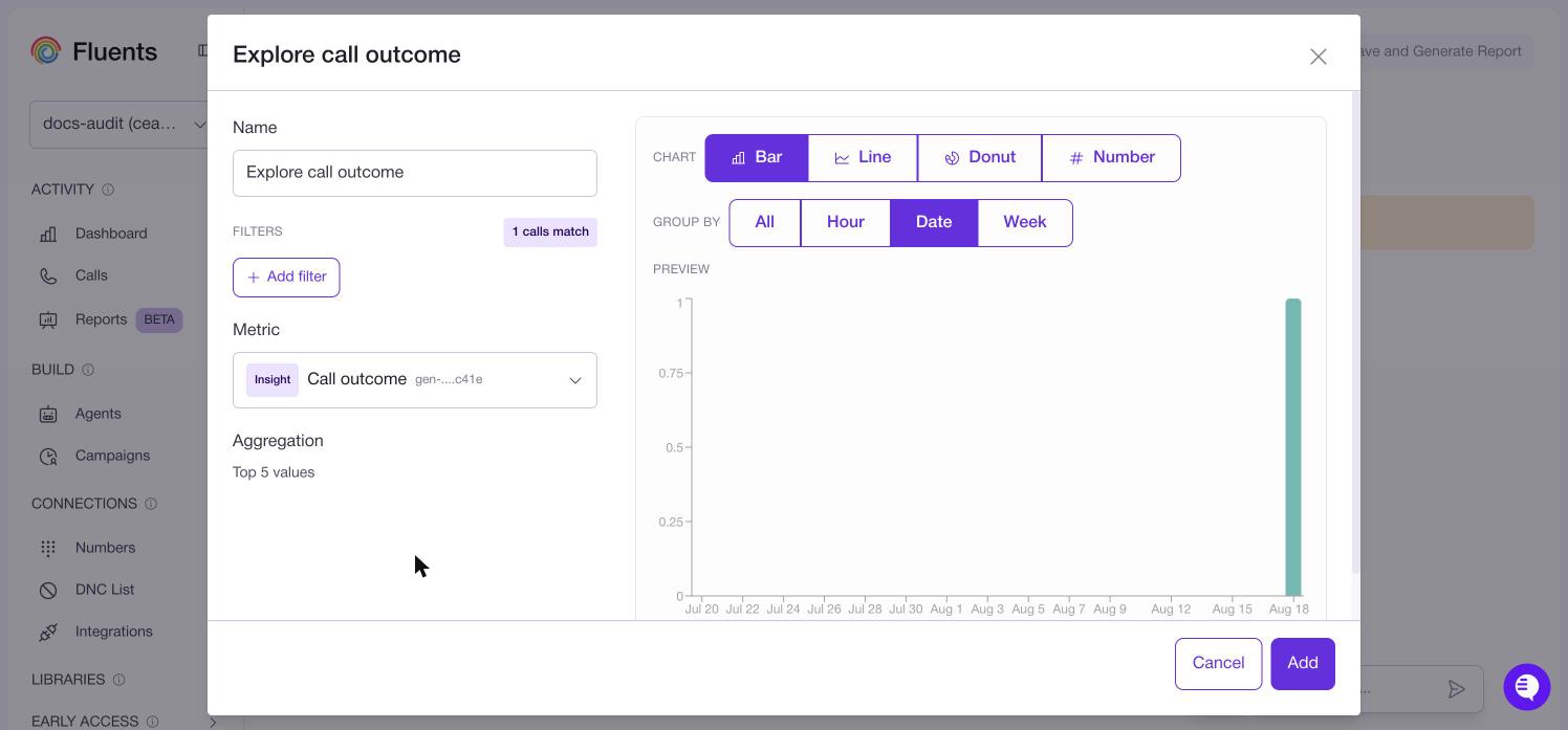A chart block being configured, with filters and metric on the left and chart type, grouping and a live preview on the right