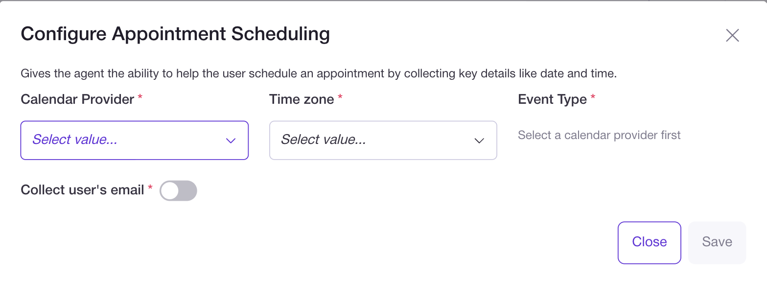 The Configure Appointment Scheduling dialog, with Event Type showing Select a calendar provider first until a provider is chosen