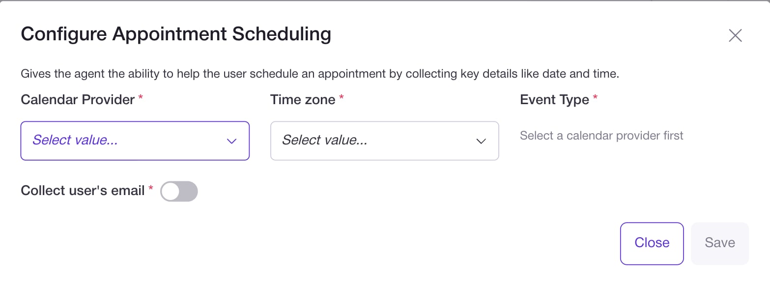 The Configure Appointment Scheduling dialog, with Event Type showing Select a calendar provider first until a provider is chosen