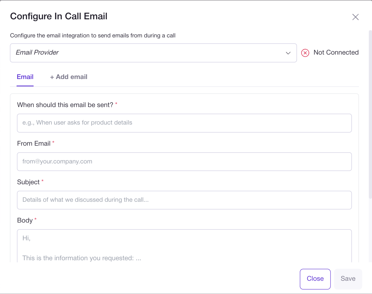 The Configure In Call Email dialog, showing the Email Provider with a Not Connected indicator, an Add email tab, and the four fields for each email