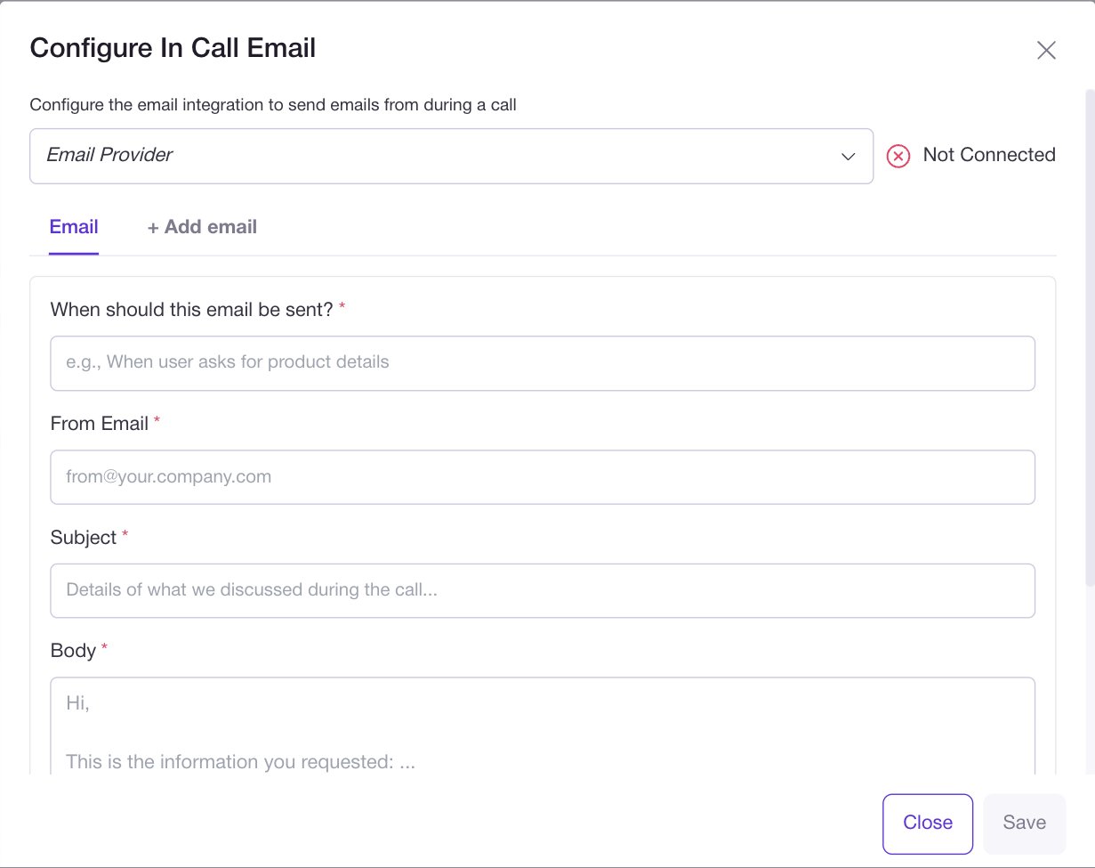 The Configure In Call Email dialog, showing the Email Provider with a Not Connected indicator, an Add email tab, and the four fields for each email