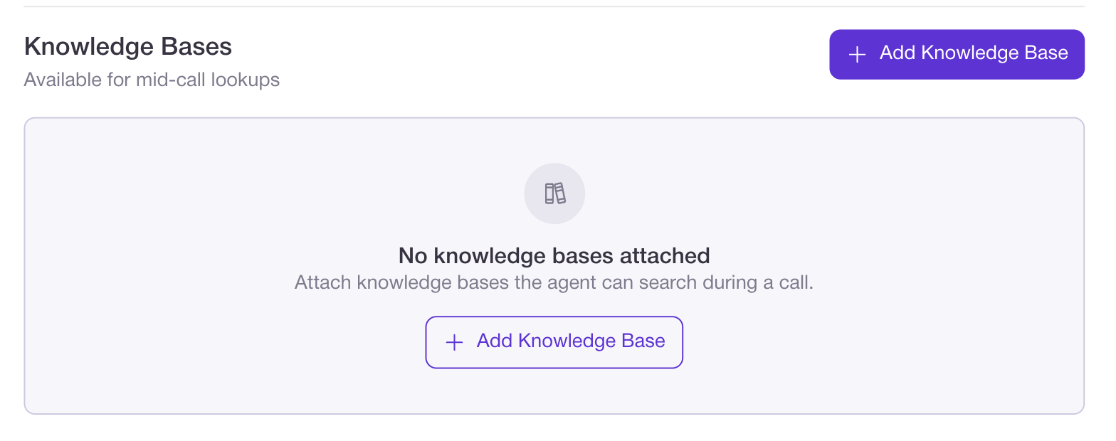 The Knowledge Bases section on the agent's Data tab, with an Add Knowledge Base button, rather than a chip under Choose Skills
