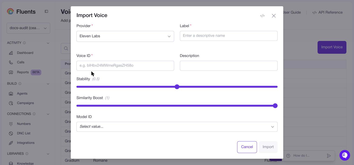 The Import Voice dialog with Eleven Labs selected, showing Stability, Similarity Boost and Model ID below the Voice ID field