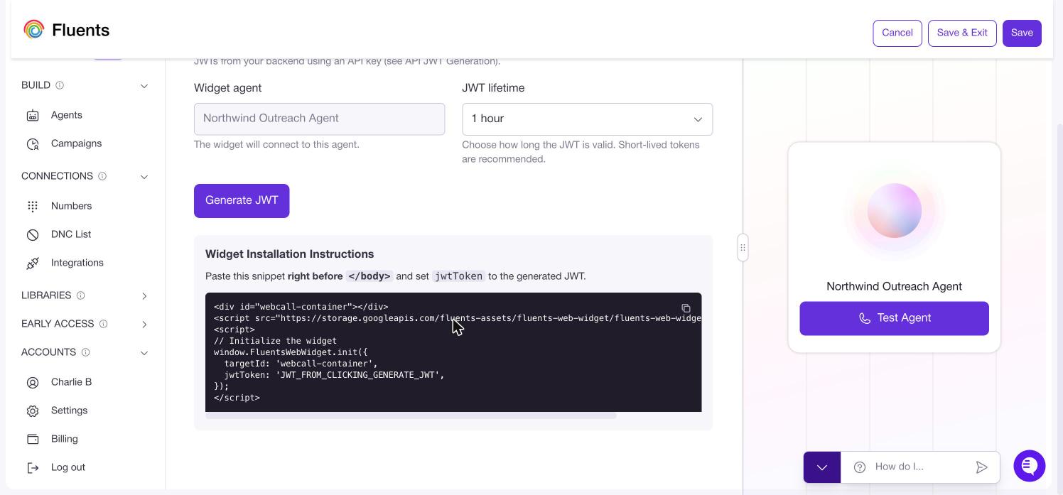 The Web Widget tab showing the Generate JWT form and the Widget Installation Instructions snippet