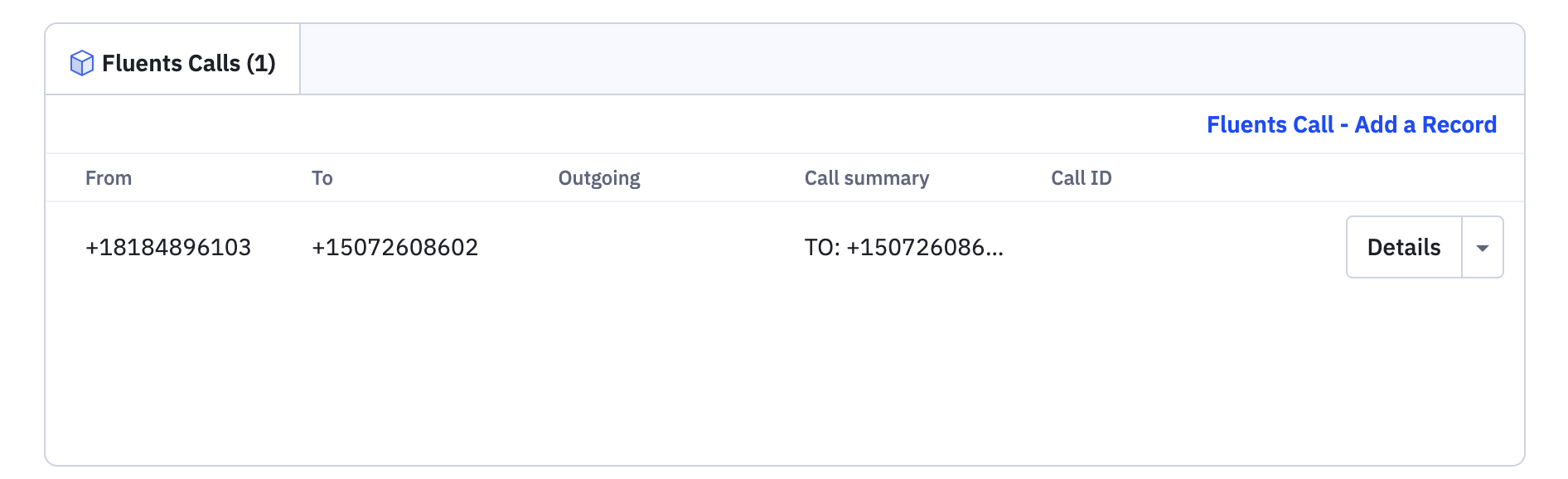 Example of call results logged in an ActiveCampaign Fluents call log