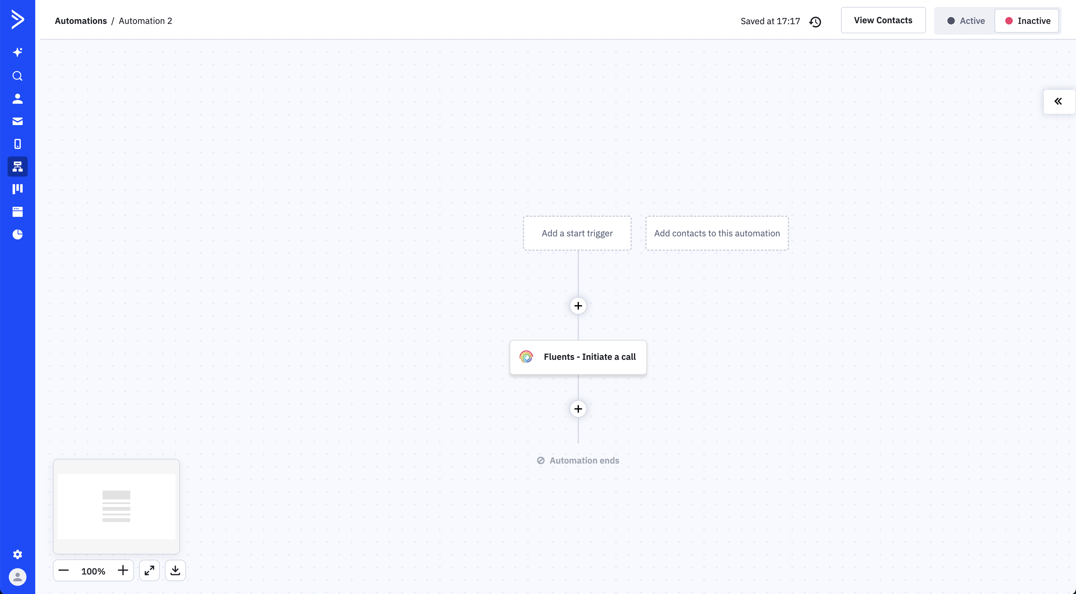 Completed ActiveCampaign workflow with a Fluents action