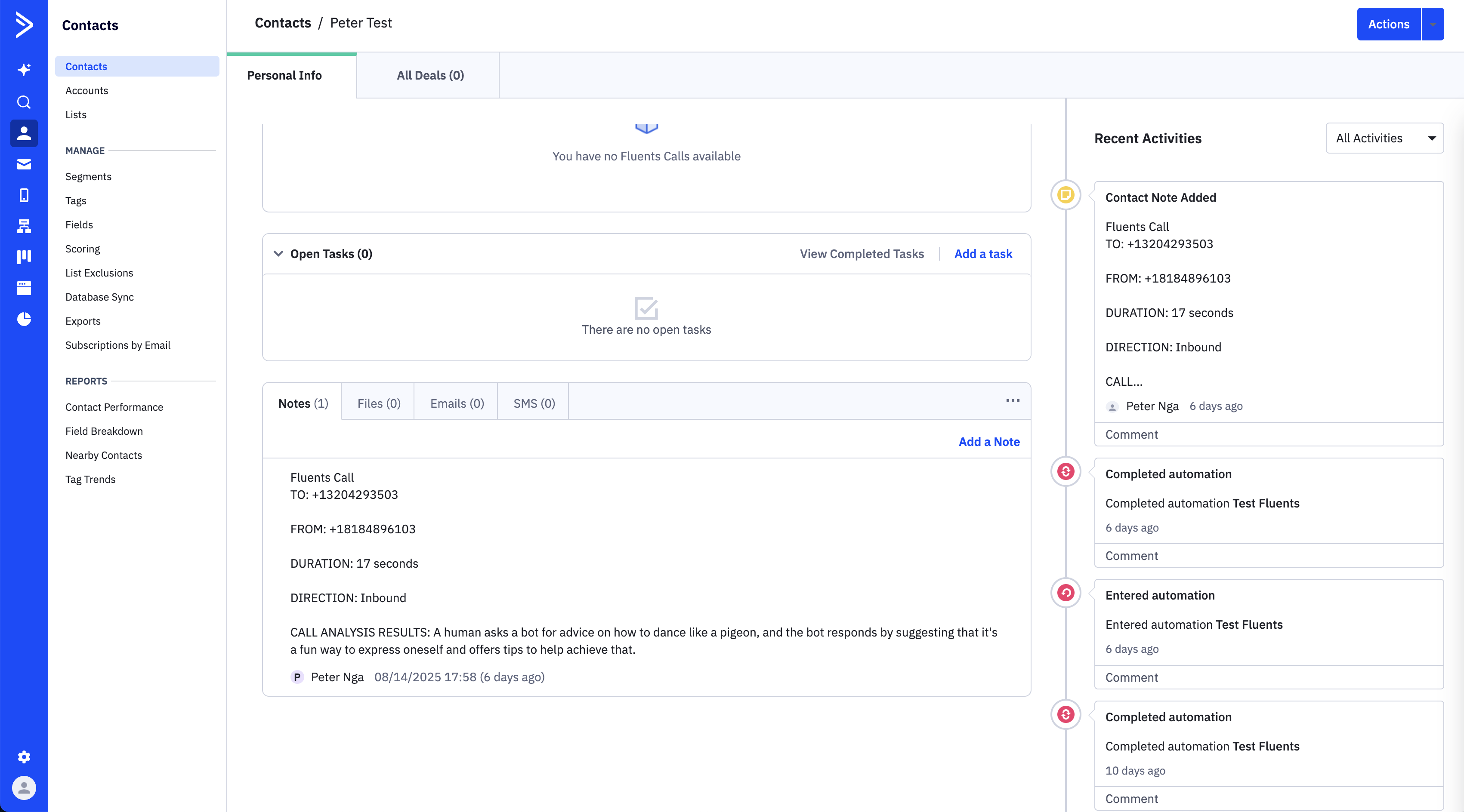 Example of call results logged in an ActiveCampaign contact's notes