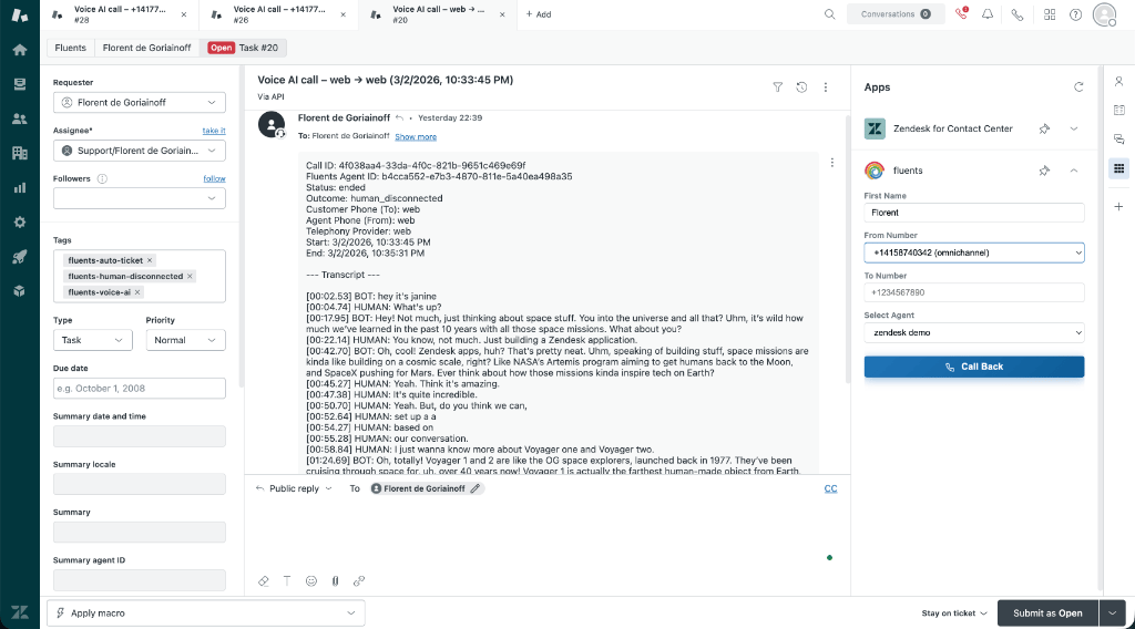 Fluents.ai Click-to-Call sidebar inside a Zendesk ticket
