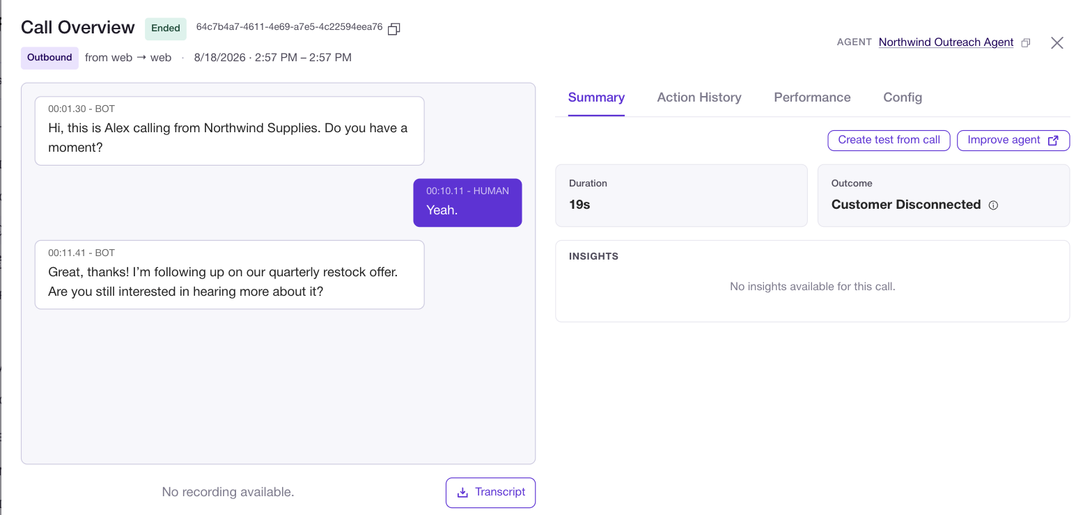 A call's Summary tab showing the transcript on the left and Create test from call, Improve agent and an Insights panel on the right